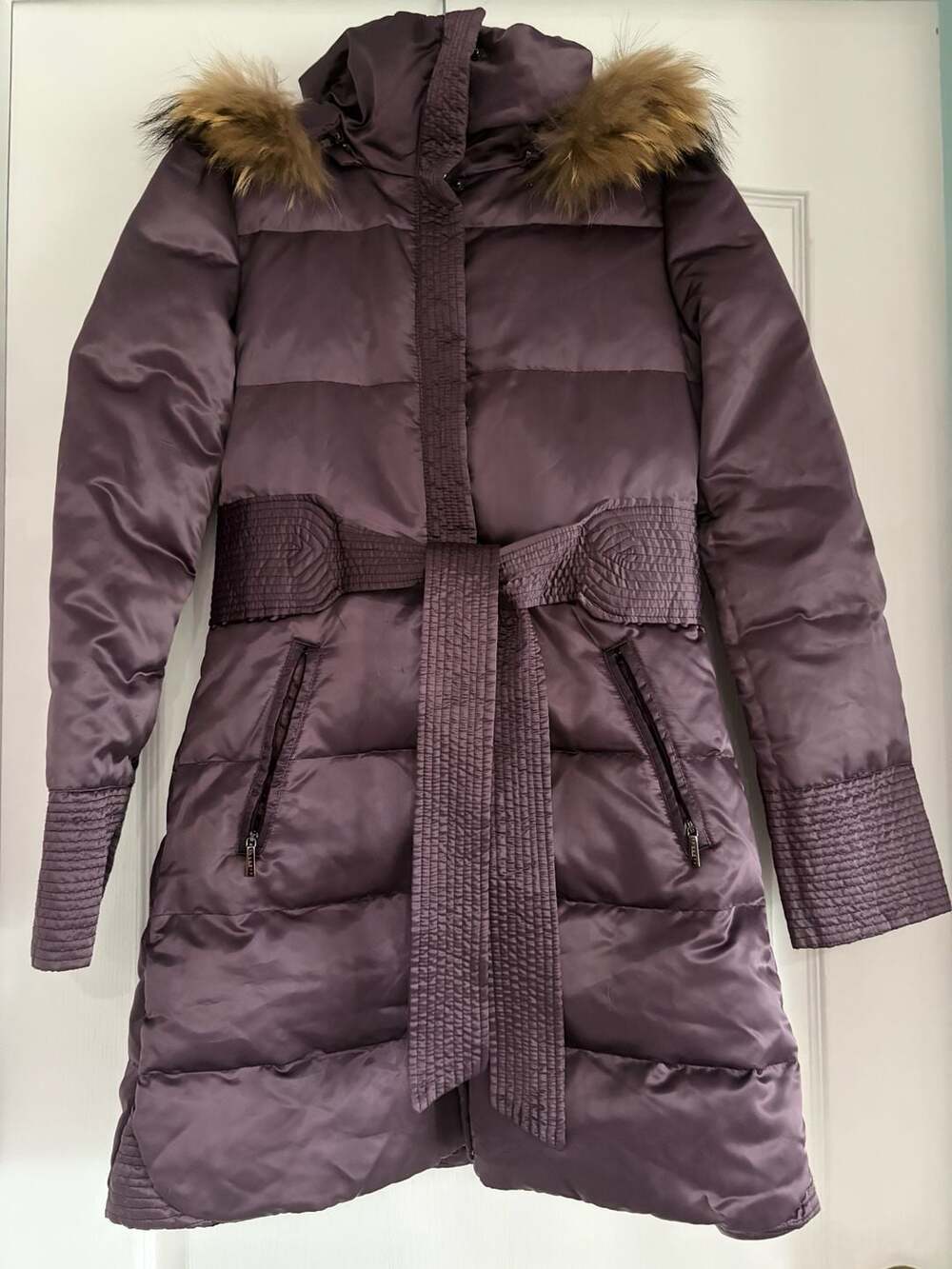 Laundry by Design Hooded Faux Fur Trim Belted Puffer Coat Purple Small